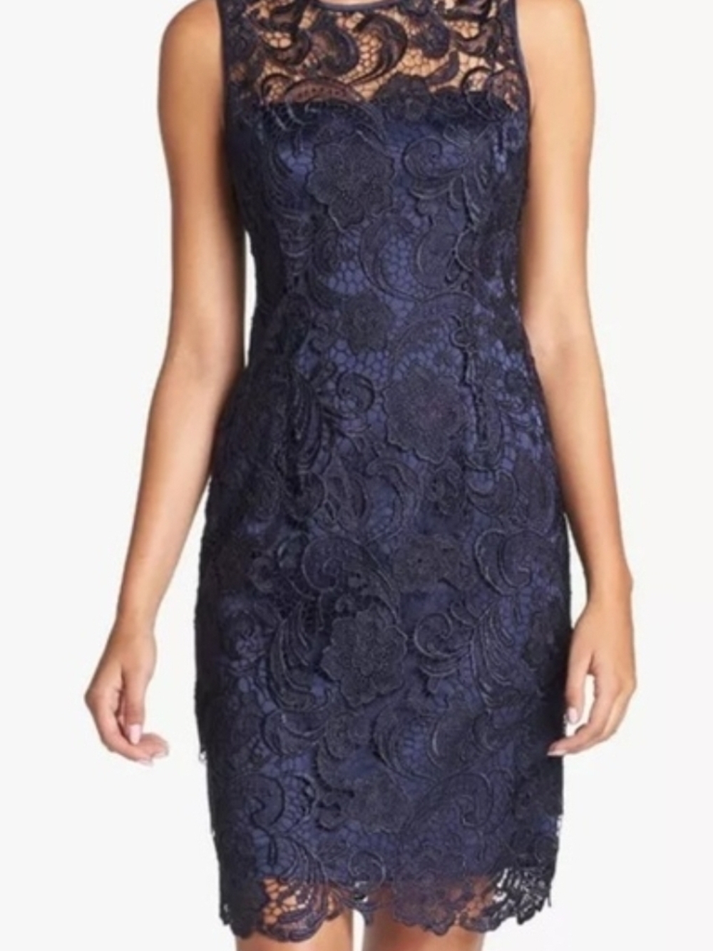 Adrianna Papell Navy Floral Lace Midi Sheath Dress